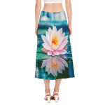 Pink Water Lily Print Side Slit Midi Skirt