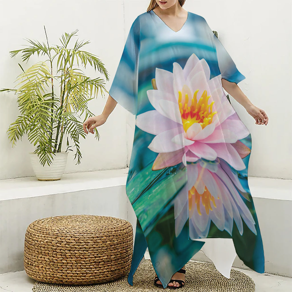 Pink Water Lily Print Silk V-Neck Kaftan Dress