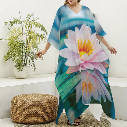 Pink Water Lily Print Silk V-Neck Kaftan Dress