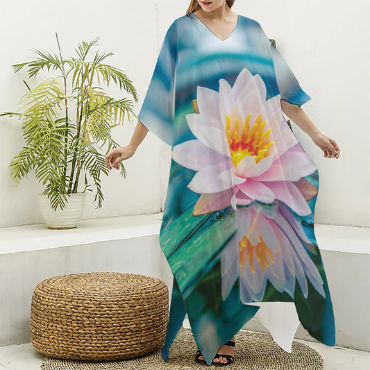 Pink Water Lily Print Silk V-Neck Kaftan Dress
