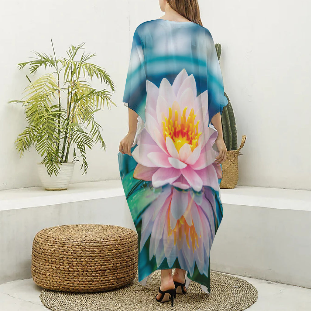 Pink Water Lily Print Silk V-Neck Kaftan Dress