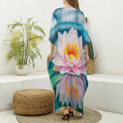 Pink Water Lily Print Silk V-Neck Kaftan Dress