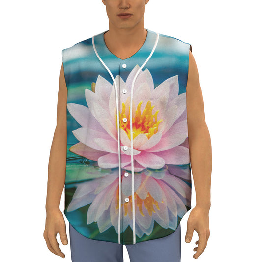 Pink Water Lily Print Sleeveless Baseball Jersey