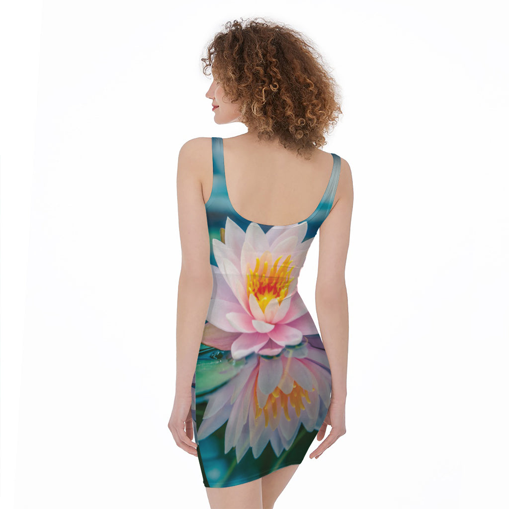 Pink Water Lily Print Sleeveless Bodycon Dress