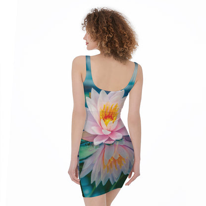 Pink Water Lily Print Sleeveless Bodycon Dress