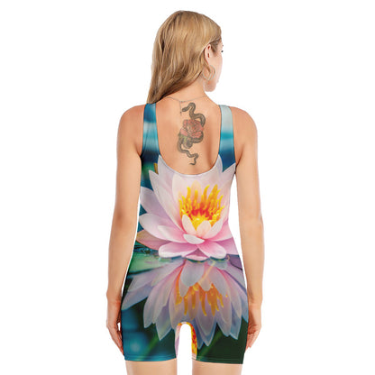 Pink Water Lily Print Sleeveless One Piece Swimsuit