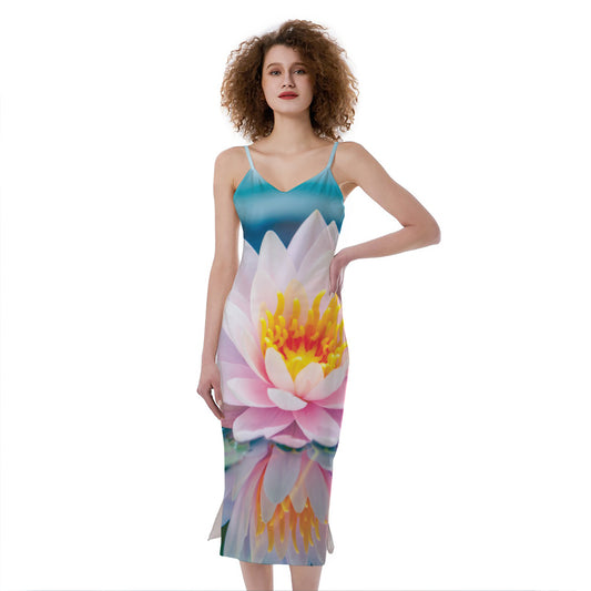 Pink Water Lily Print Slim Fit Midi Cami Dress