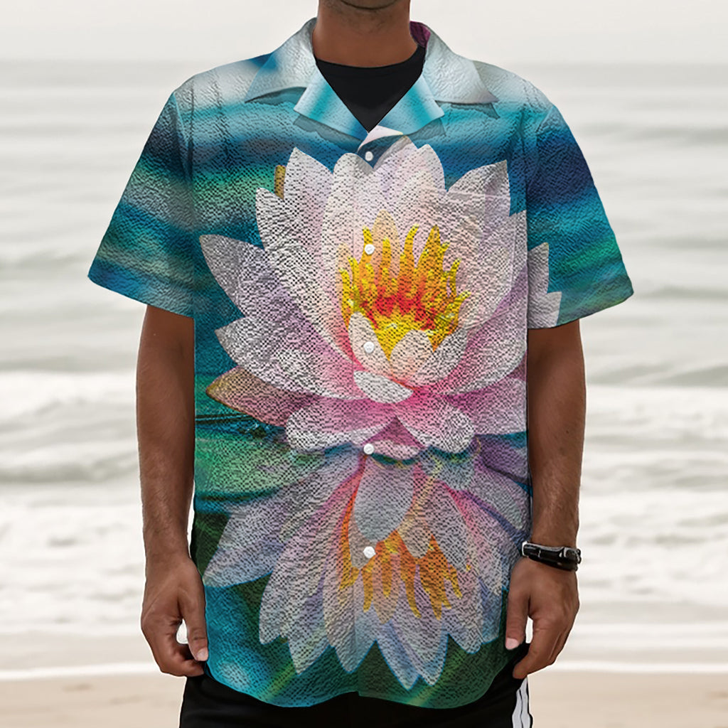 Pink Water Lily Print Textured Short Sleeve Shirt