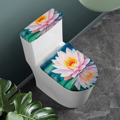 Pink Water Lily Print Toilet Lid And Tank Cover Set