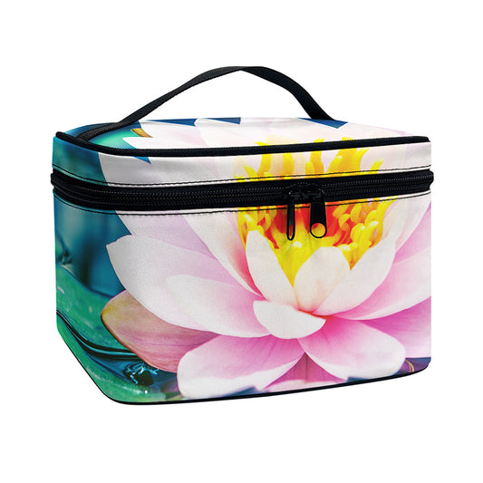 Pink Water Lily Print Travel Makeup Bag