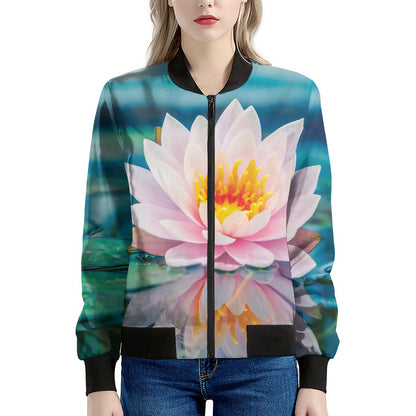 Pink Water Lily Print Women's Bomber Jacket