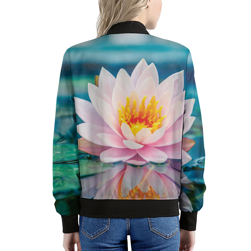 Pink Water Lily Print Women's Bomber Jacket