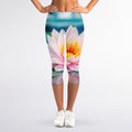 Pink Water Lily Print Women's Capri Leggings