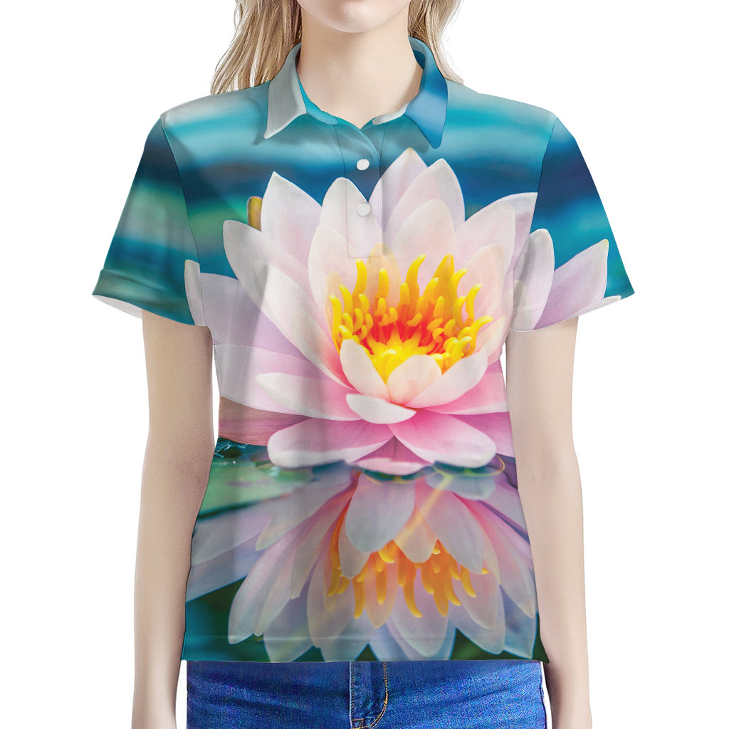 Pink Water Lily Print Women's Polo Shirt