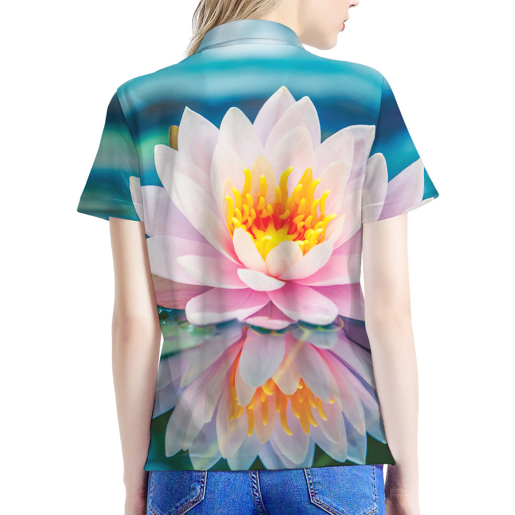 Pink Water Lily Print Women's Polo Shirt