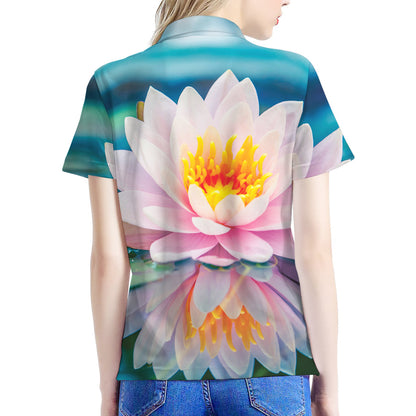Pink Water Lily Print Women's Polo Shirt