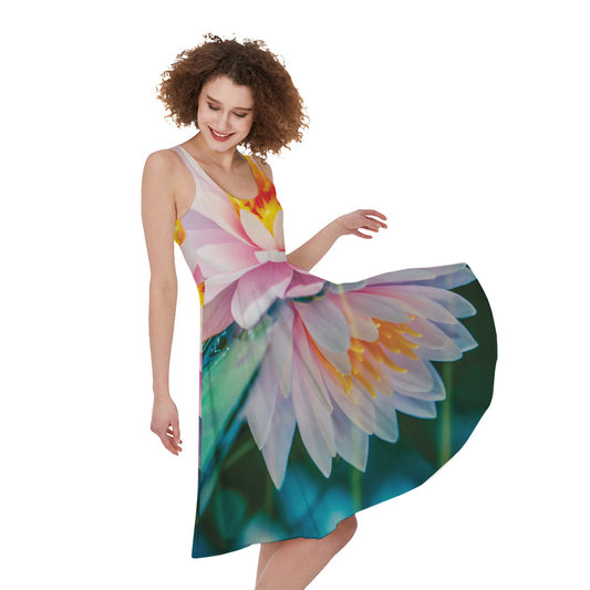 Pink Water Lily Print Women's Sleeveless Dress