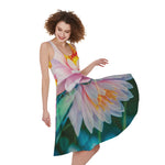 Pink Water Lily Print Women's Sleeveless Dress