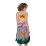 Pink Water Lily Print Women's Sleeveless Dress