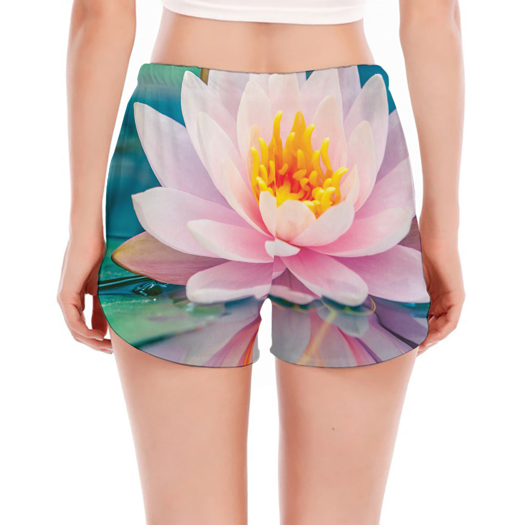 Pink Water Lily Print Women's Split Running Shorts