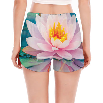 Pink Water Lily Print Women's Split Running Shorts