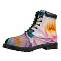 Pink Water Lily Print Padded Collar Lace Up Boots