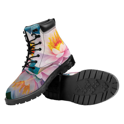 Pink Water Lily Print Work Boots