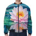 Pink Water Lily Print Zip Sleeve Bomber Jacket