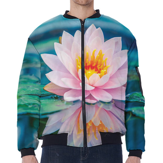 Pink Water Lily Print Zip Sleeve Bomber Jacket