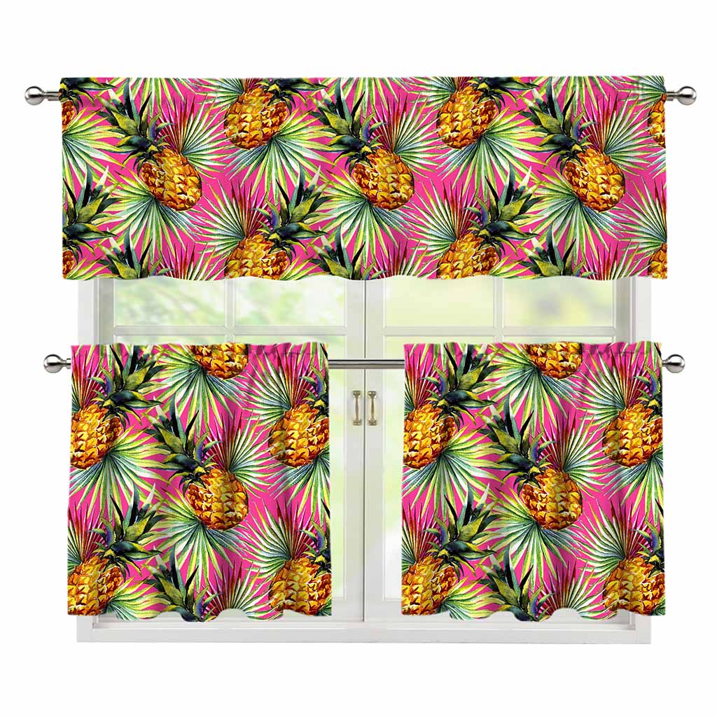 Pink Watercolor Pineapple Pattern Print 3 Piece Kitchen Curtains
