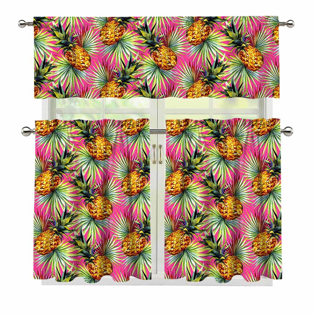 Pink Watercolor Pineapple Pattern Print 3 Piece Kitchen Curtains