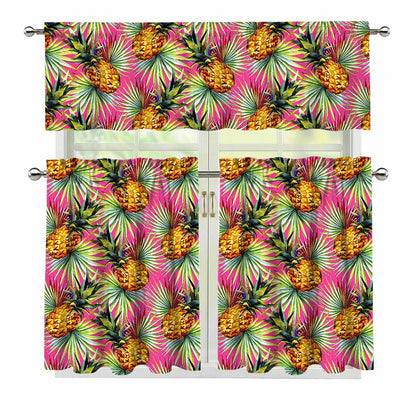 Pink Watercolor Pineapple Pattern Print 3 Piece Kitchen Curtains