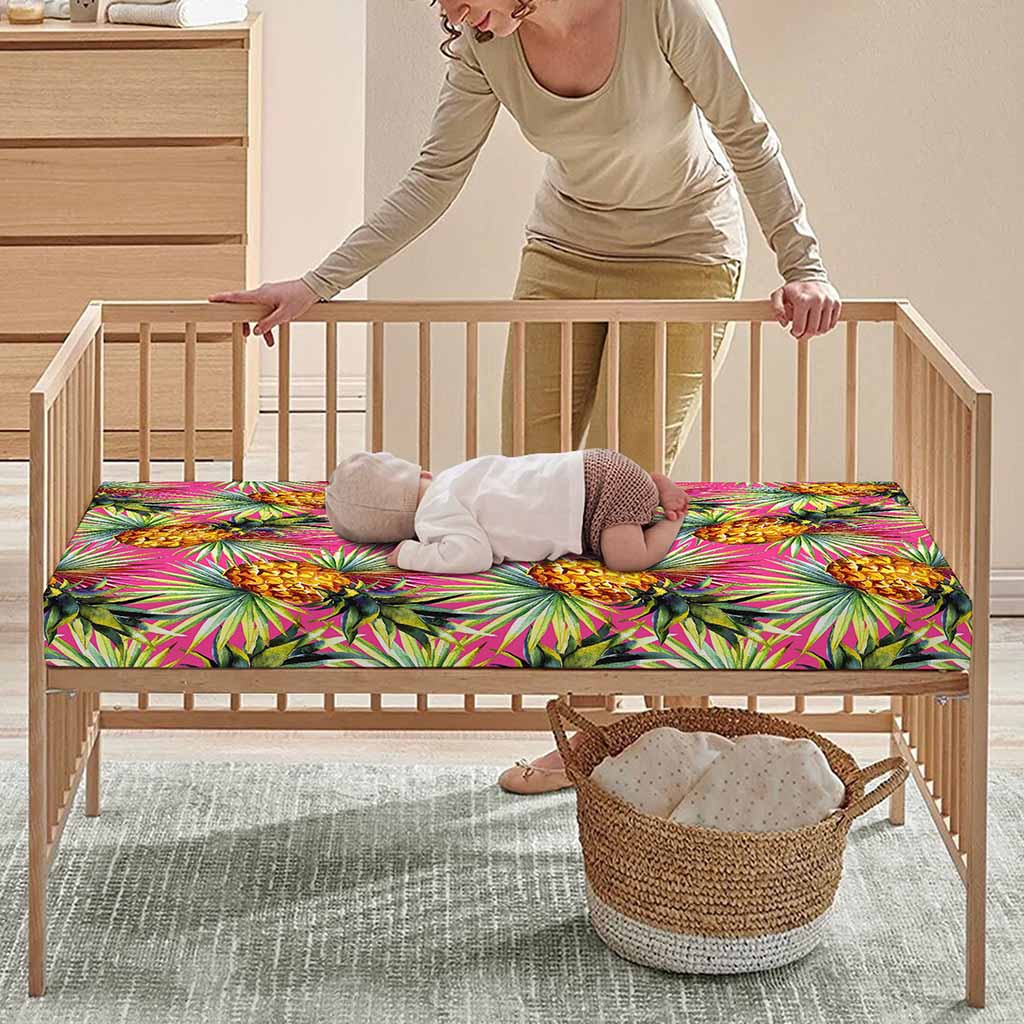 Pink Watercolor Pineapple Pattern Print Baby Crib Sheet