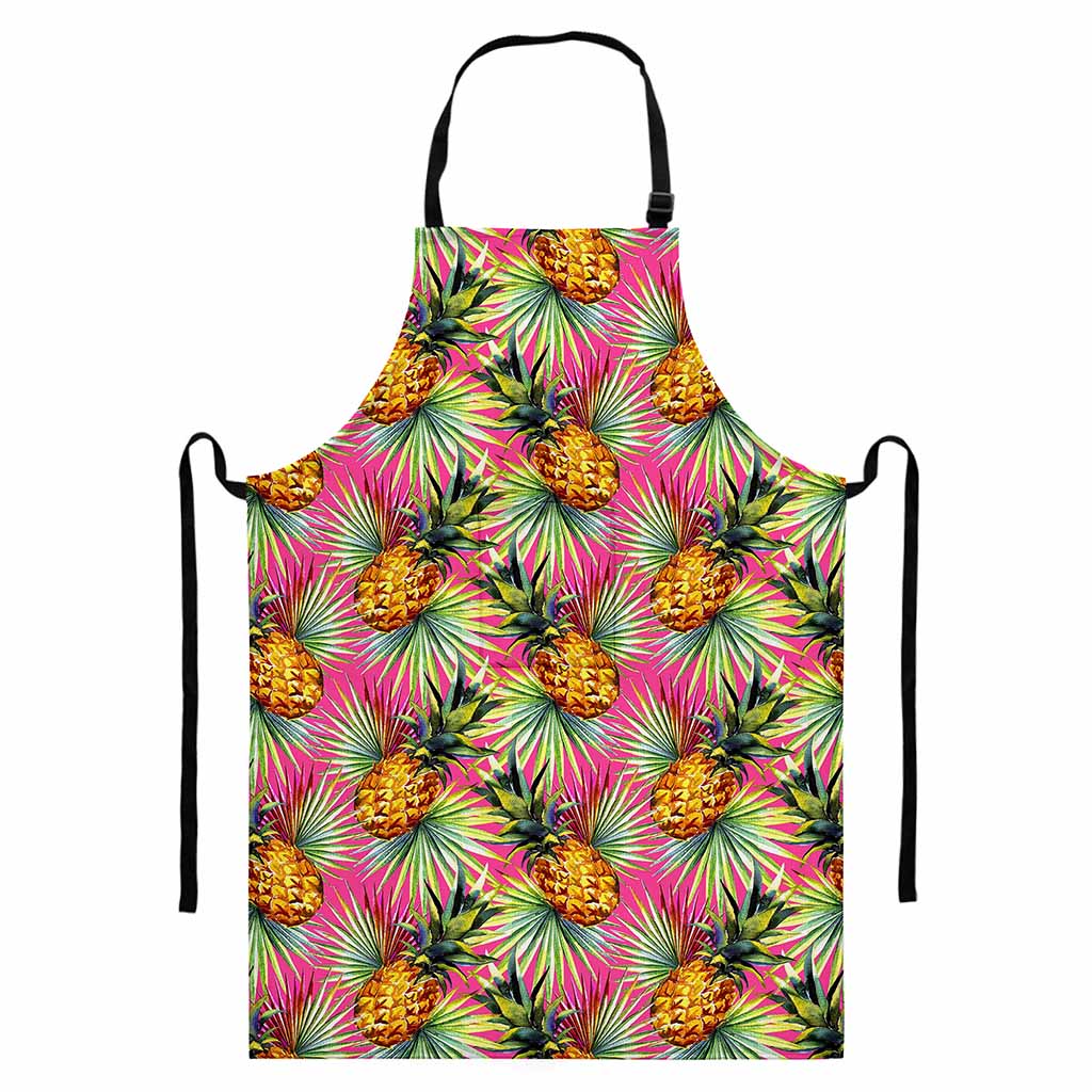 Pink Watercolor Pineapple Pattern Print Bib Apron With Pocket