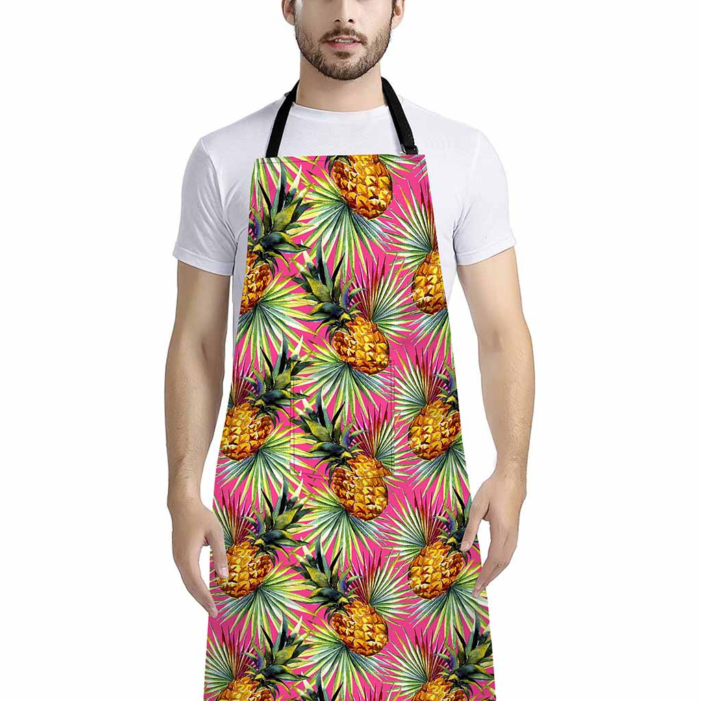 Pink Watercolor Pineapple Pattern Print Bib Apron With Pocket