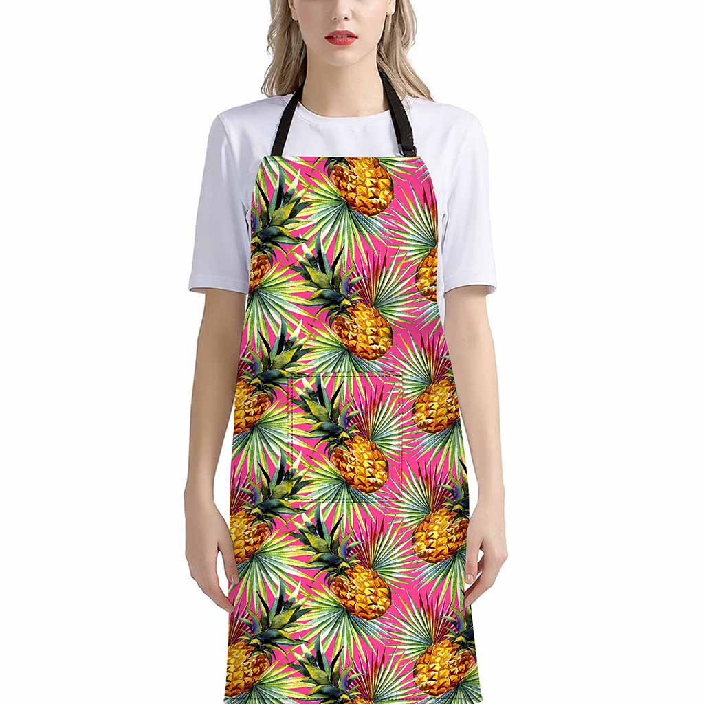 Pink Watercolor Pineapple Pattern Print Bib Apron With Pocket