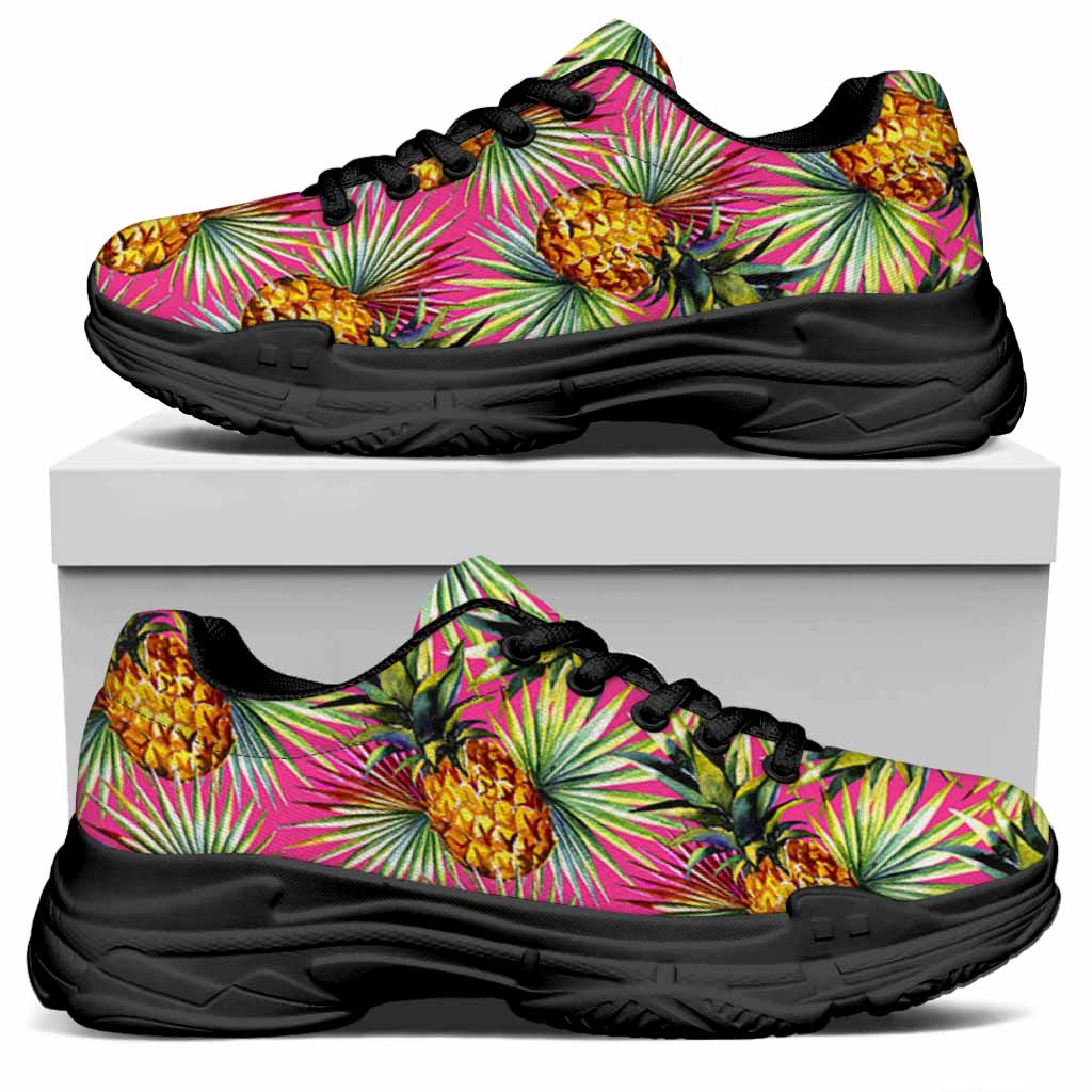 Pink Watercolor Pineapple Pattern Print Black Chunky Shoes