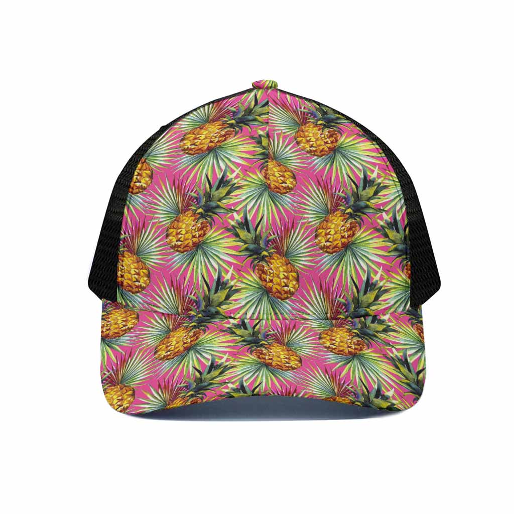 Pink Watercolor Pineapple Pattern Print Black Mesh Trucker Cap