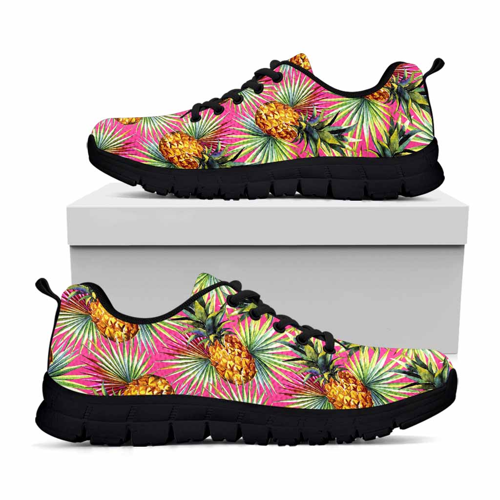 Pink Watercolor Pineapple Pattern Print Black Running Shoes