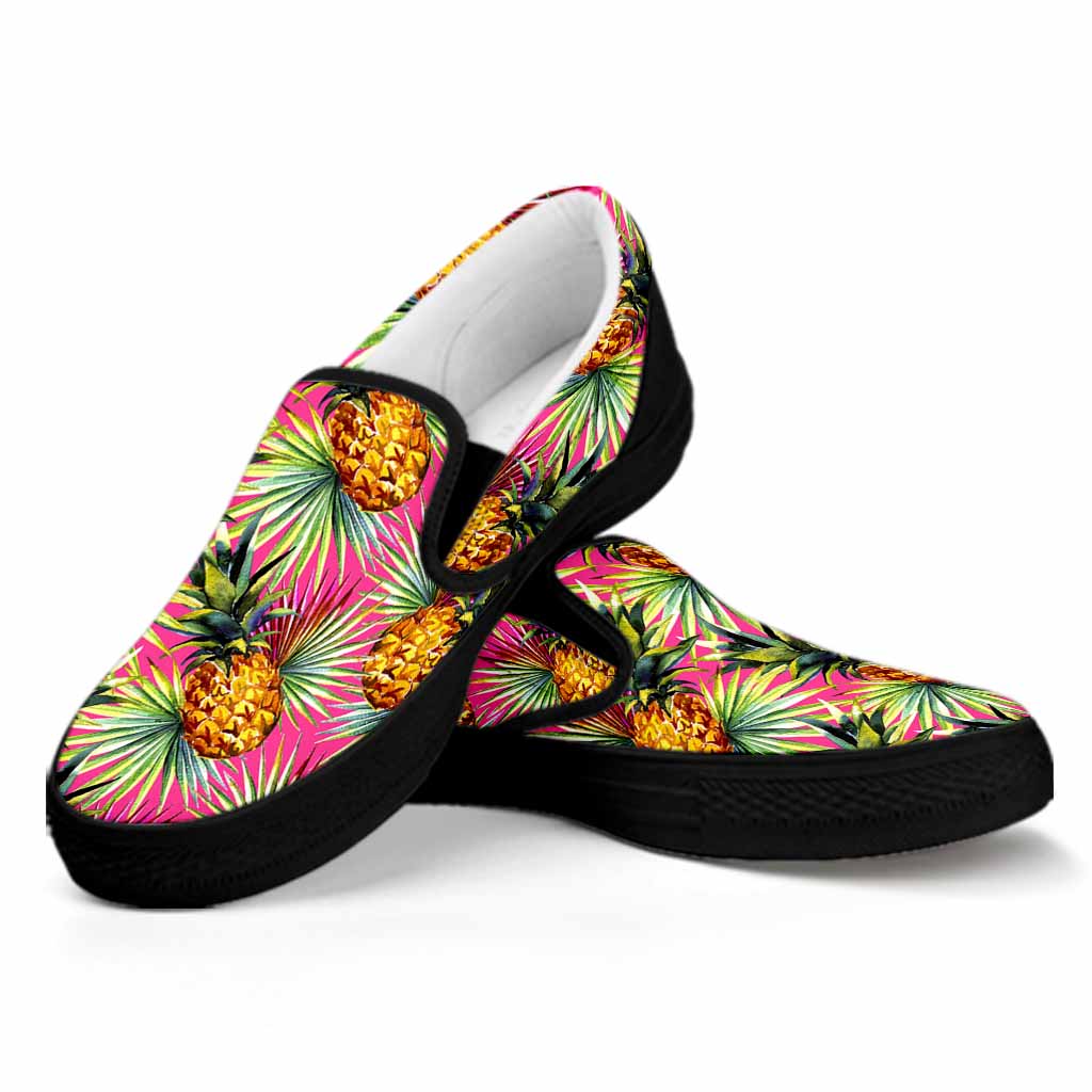 Pink Watercolor Pineapple Pattern Print Black Slip On Sneakers
