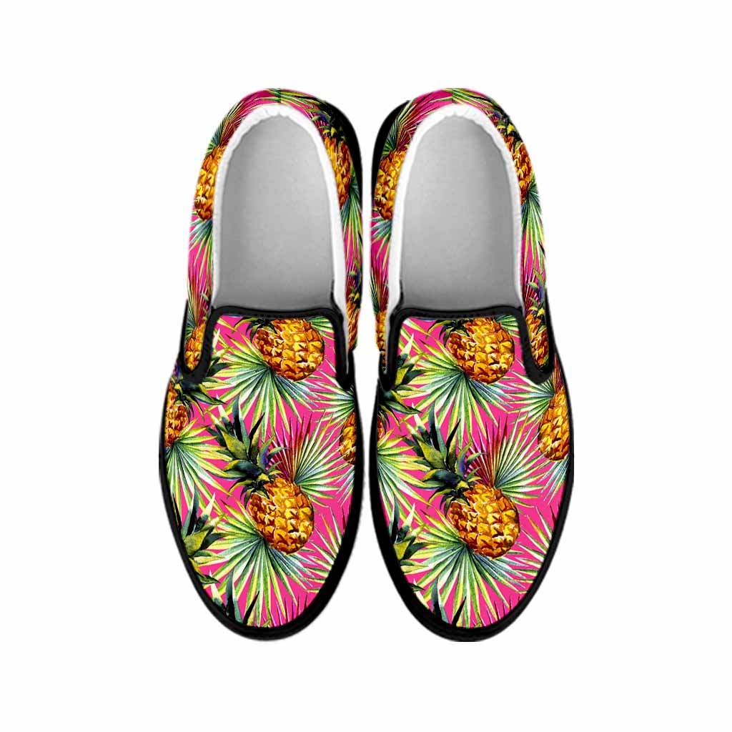 Pink Watercolor Pineapple Pattern Print Black Slip On Sneakers