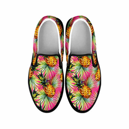 Pink Watercolor Pineapple Pattern Print Black Slip On Sneakers