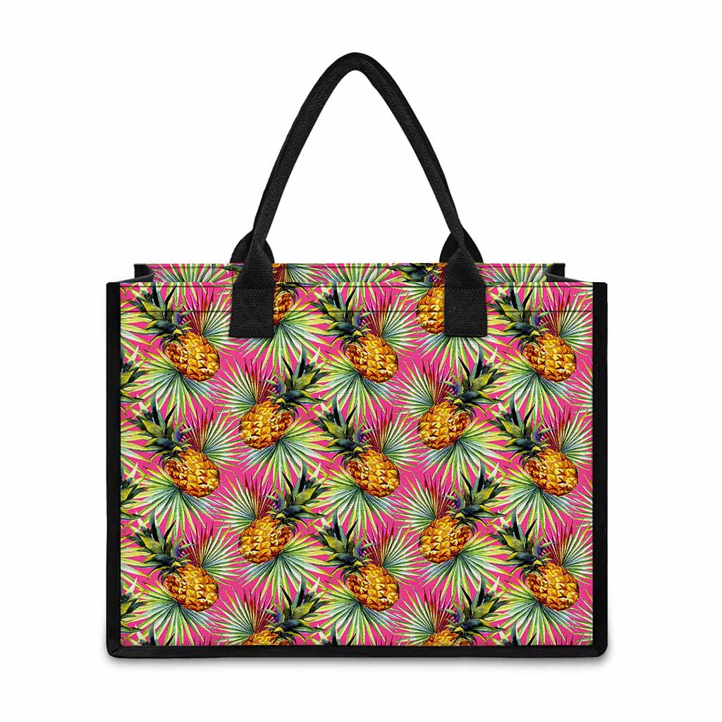 Pink Watercolor Pineapple Pattern Print Canvas Tote Bag