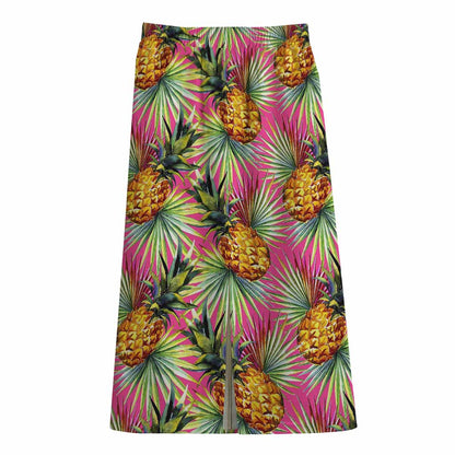 Pink Watercolor Pineapple Pattern Print Cotton Front Slit Maxi Skirt