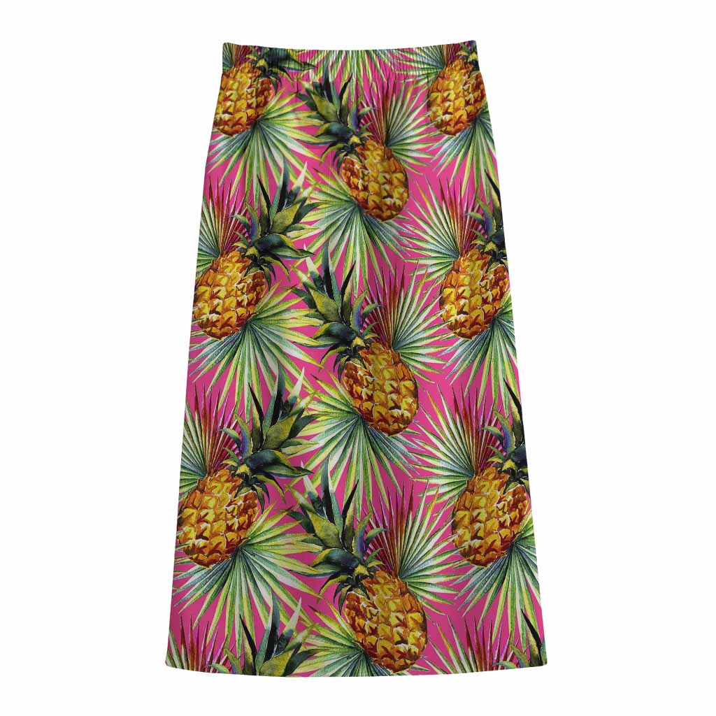 Pink Watercolor Pineapple Pattern Print Cotton Front Slit Maxi Skirt