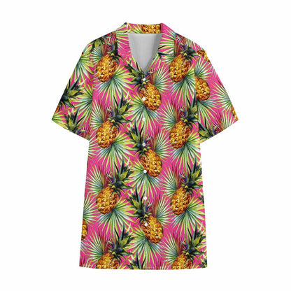 Pink Watercolor Pineapple Pattern Print Cotton Hawaiian Shirt