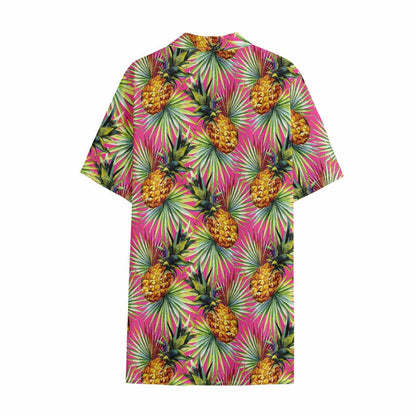 Pink Watercolor Pineapple Pattern Print Cotton Hawaiian Shirt