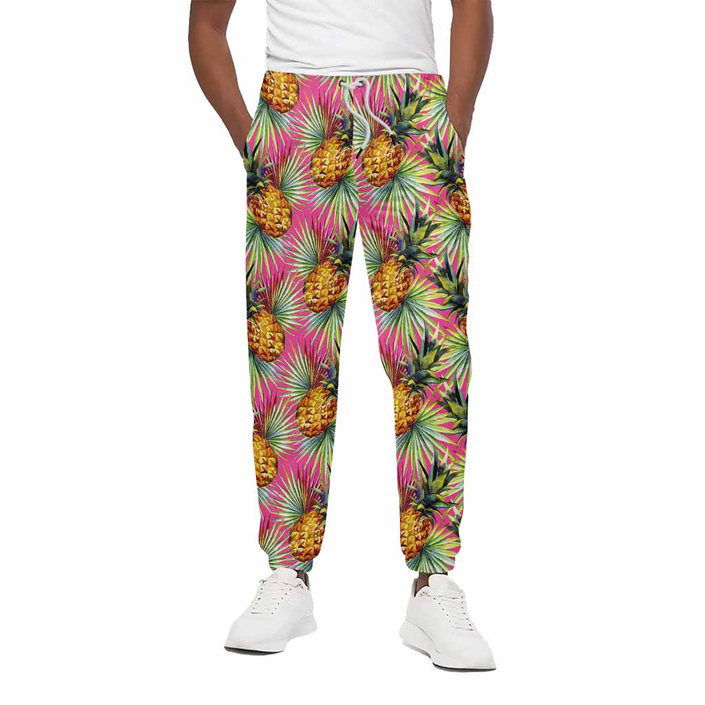 Pink Watercolor Pineapple Pattern Print Cotton Pants