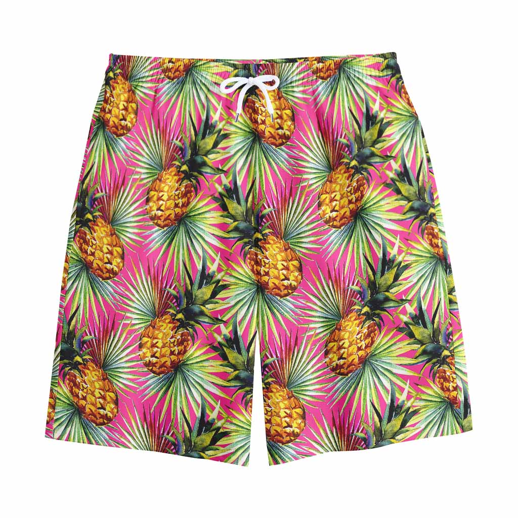 Pink Watercolor Pineapple Pattern Print Cotton Shorts