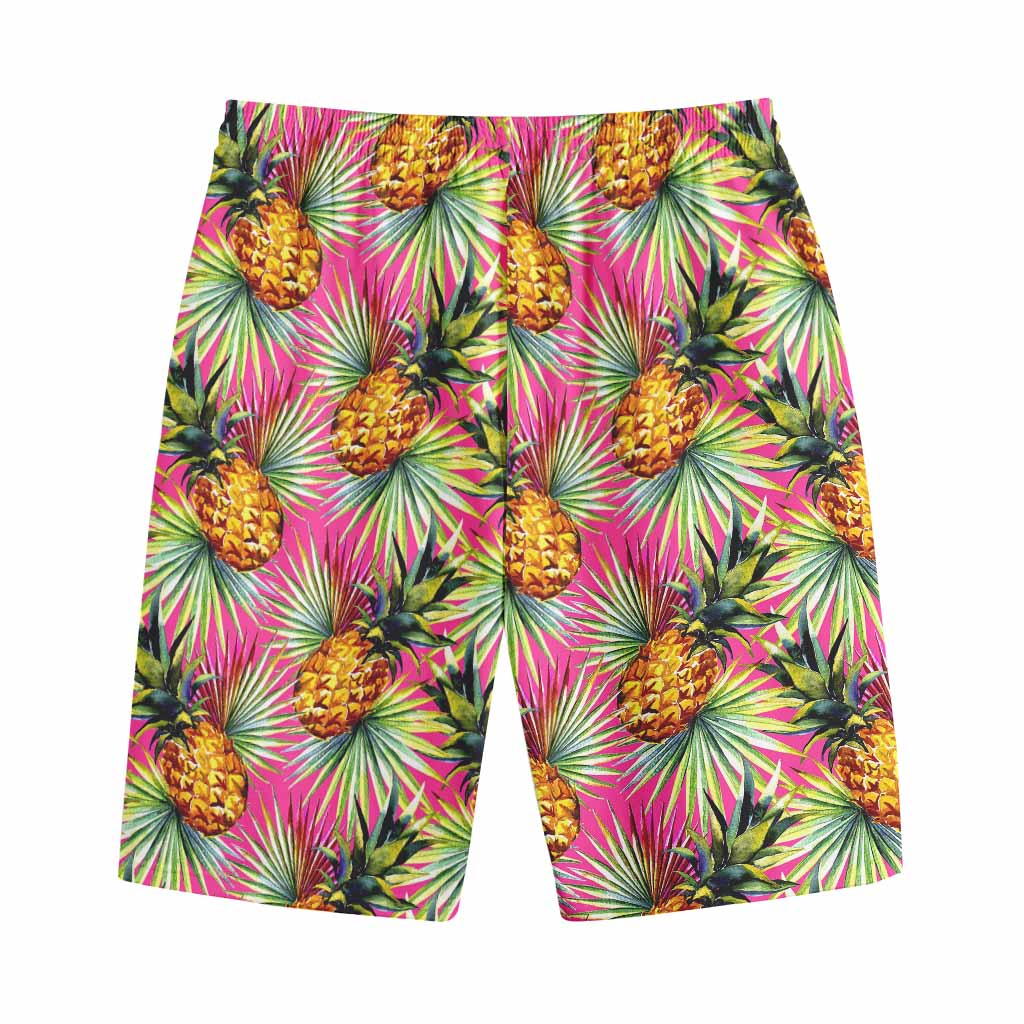 Pink Watercolor Pineapple Pattern Print Cotton Shorts